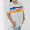 A size 2XL mum wearing a breastfeeding t-shirt that has an invisible zip under a coloured stripe.