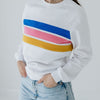 A close up of three coloured stripes, blue, pink and yellow, on a breastfeeding jumper.